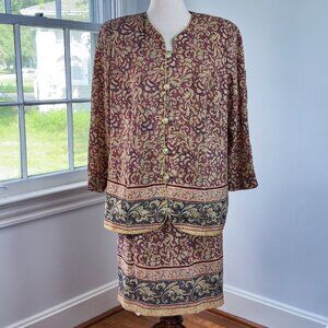 Vintage 80s Tracy Richards Petites Paisley Maroon Two Piece Jacket Skirt Set 14